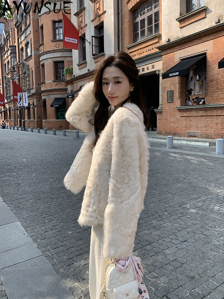 AYUNSUE 2025 سترة شيرلينغ امرأة لينة خفيفة سترات من الصوف الطبيعي للنساء ملابس قصيرة عالية الجودة الفراء سترة Abrigo Mujer