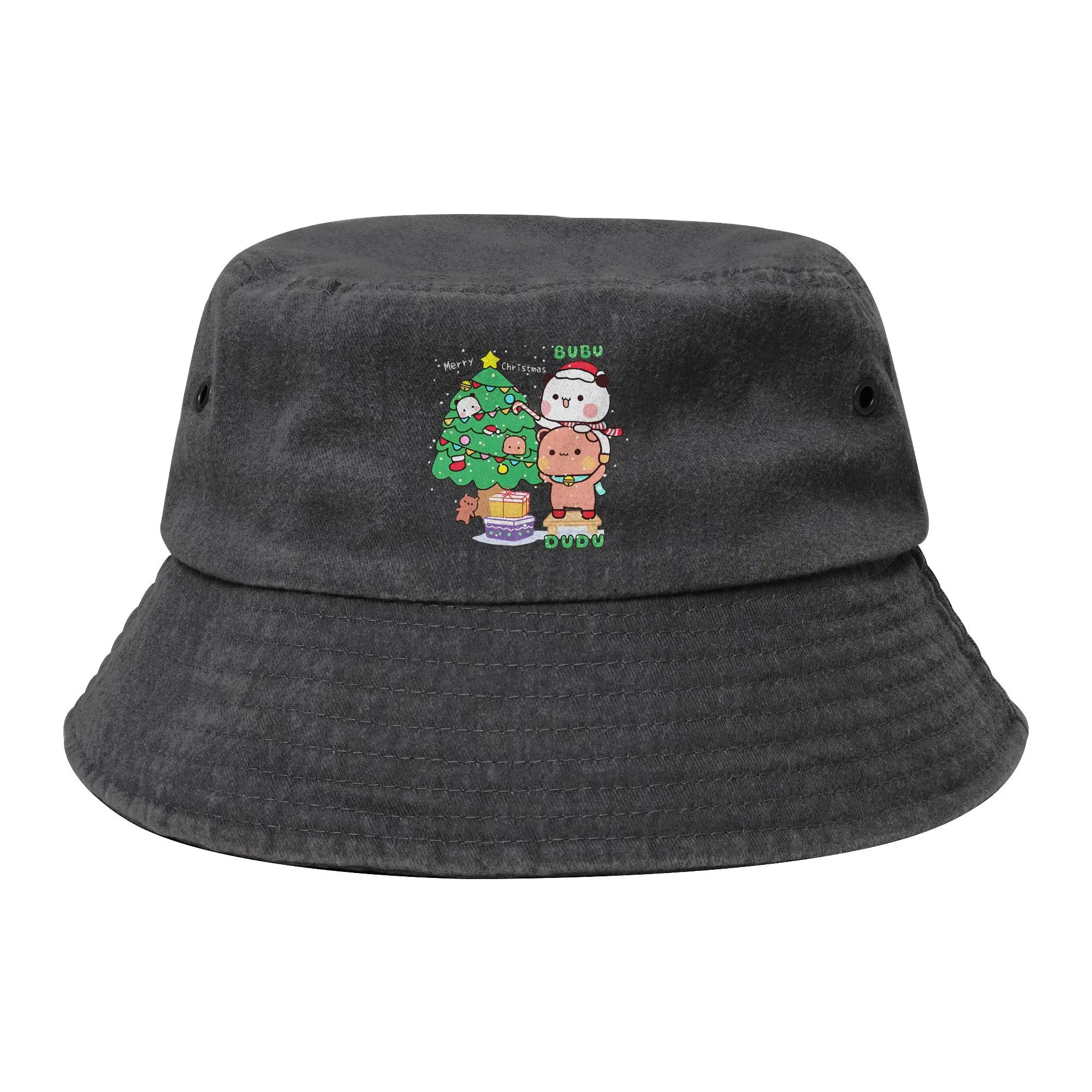 Picnic Bubu Dudu Xmas Panda Couple Bucket Hats Unisex Distressed Denim Sun Hat Cute Christmas Bob Hat Fishing Caps