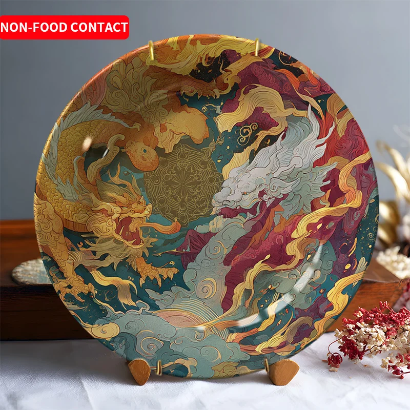 

2D плоская декоративная тарелка с изображением китайского дракона - расписанная вручную азиатская декоративная тарелка для дома с золотым драконом, красная.