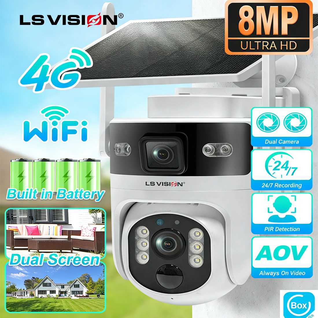 LS VISION AOV solar outdoor surveillance wireless wifi camera 4G Cctv security  night vision humanoid automatic tracking ubox、