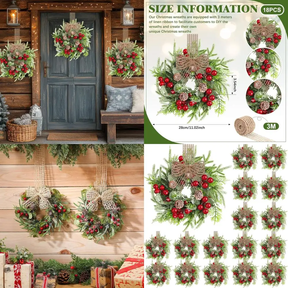 

Мини-искусственные рождественские венки, 18 шт., 9 дюймов, искусственная гирлянда со лентой из мешковины, винтажный ретро-стиль, идеально подходит для использования в помещении и на открытом воздухе