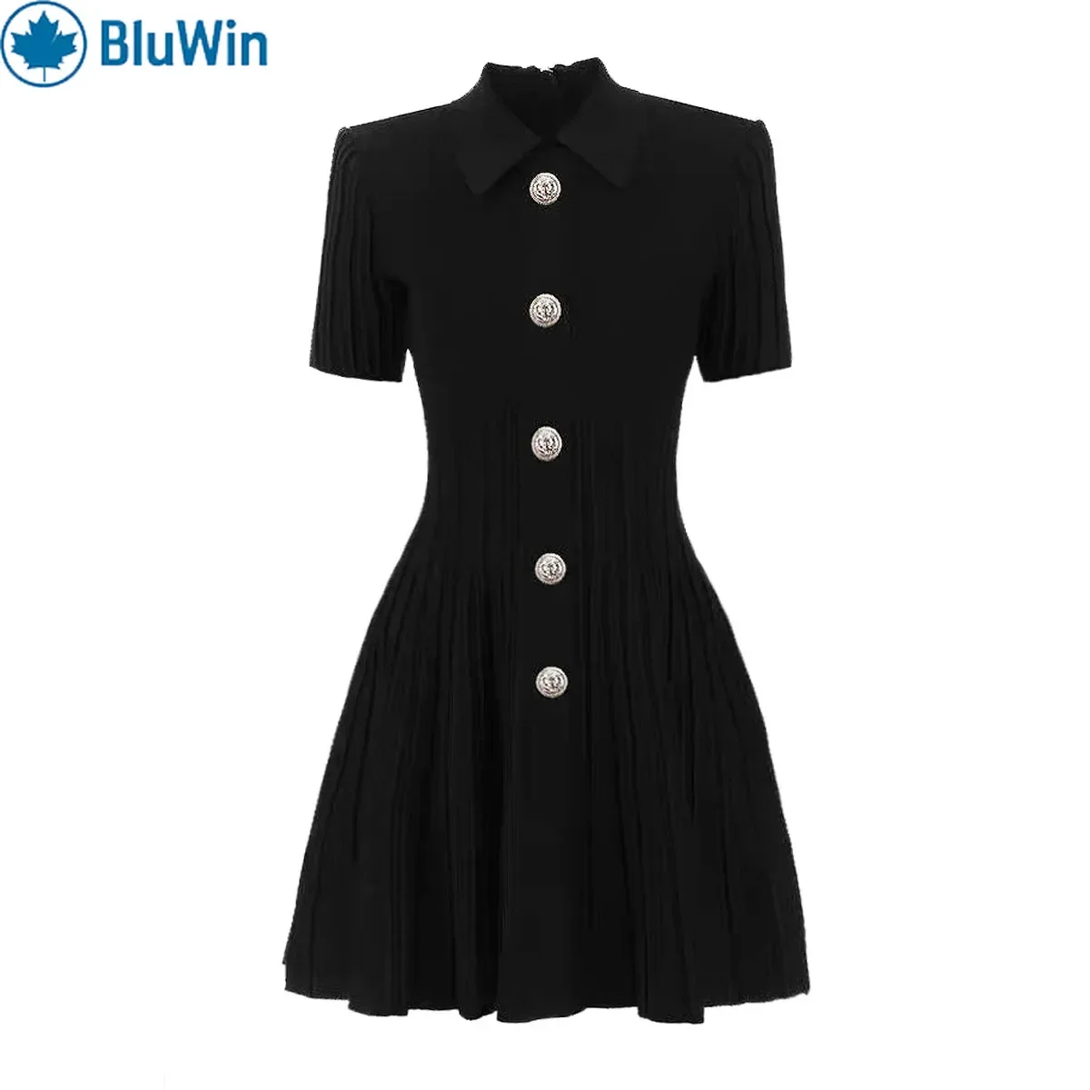 

BluWin Short Sleeve Pleated Shirt Dress Women Button Front A Line Black Mini