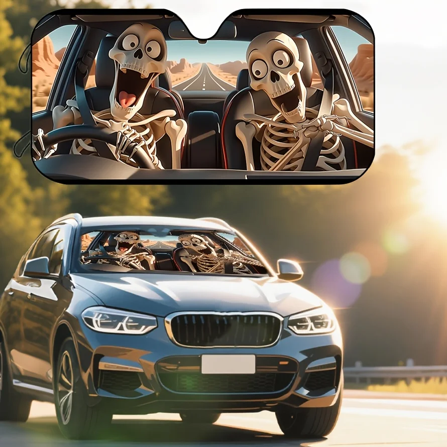 1pc Cartoon Skull Pattern Car Windshield Sunshade, Creative And Interesting Design, Effectively Blocking Direct Sunlight, Protec