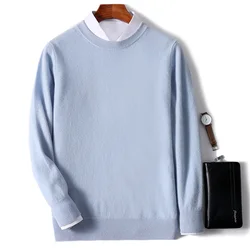 2024Autumn Winter New 100%Wool Sweater Men's Round Neck Long Sleeved Pullover Sweater Loose Casual Knitted Base Cashmere Sweater