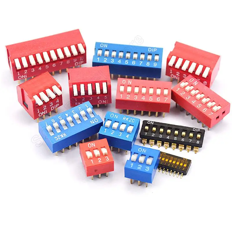 100PCS Slide Type Switch 1 2 3 4 5 6 7 8 9 10 12 Bit 2.54mm Position Way DIP Red Pitch Toggle Switch Red Blue Snap Switch