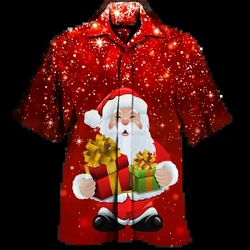 New Year Christmas Men Hawaiian Shirt Xmas Santa Claus Casual Short Sleeve Lapel Tops 3D Print Holiday Party Merry Y2k Blouse