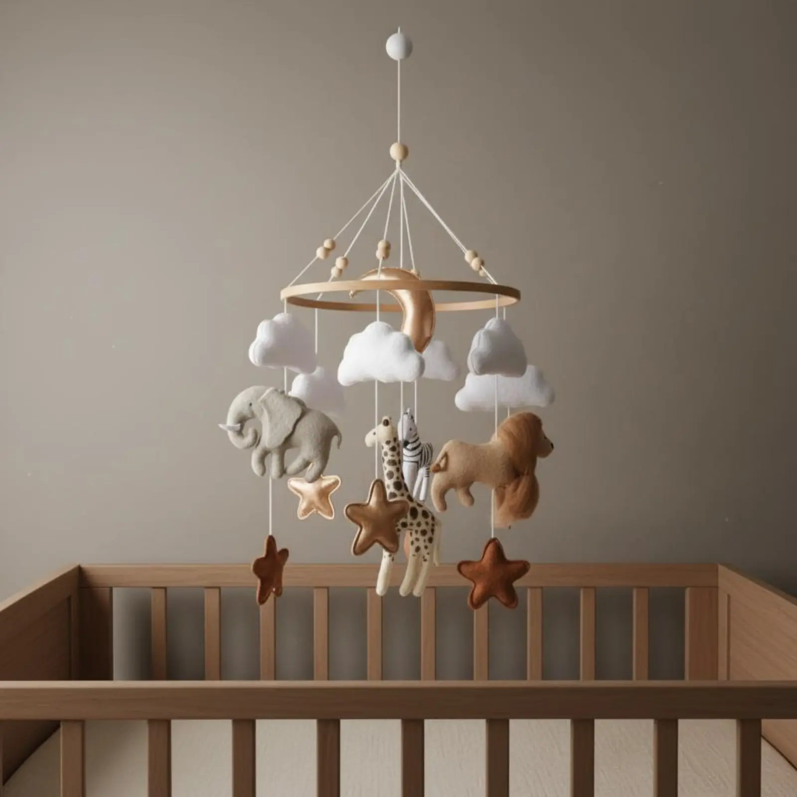 Wildlife Mobile Soothing Nursery Mobile Wooden Bed Bell Hanging Decor Handmade Baby Decor Natural Materials for Babies, Bedside