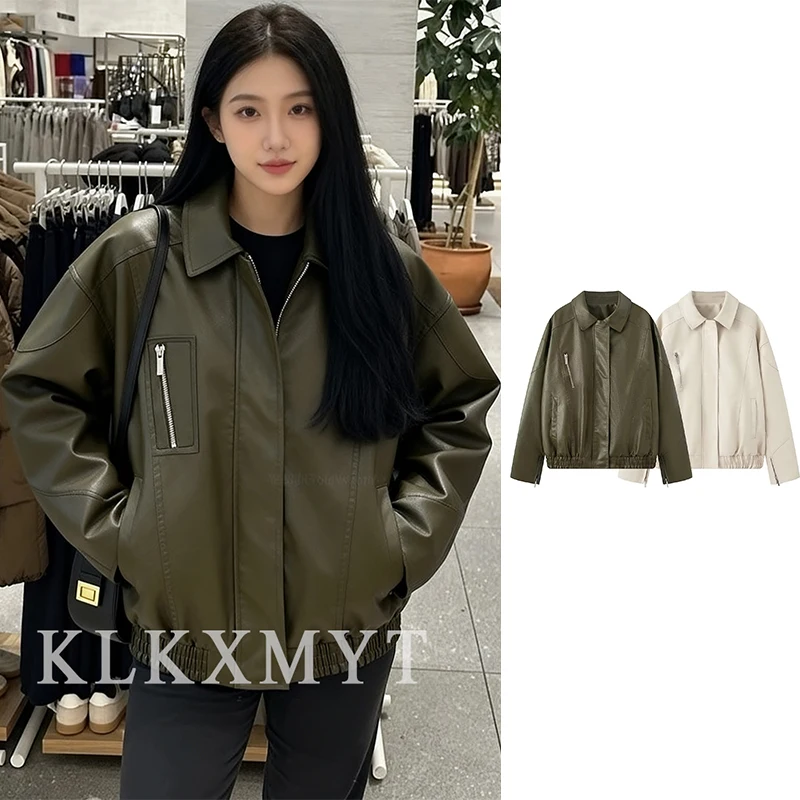 

Women vintage Leather Jacket 2025 Autumn Winter Women New Long Sleeve Zipper Laple Jackets Women High Street Leisure Coats