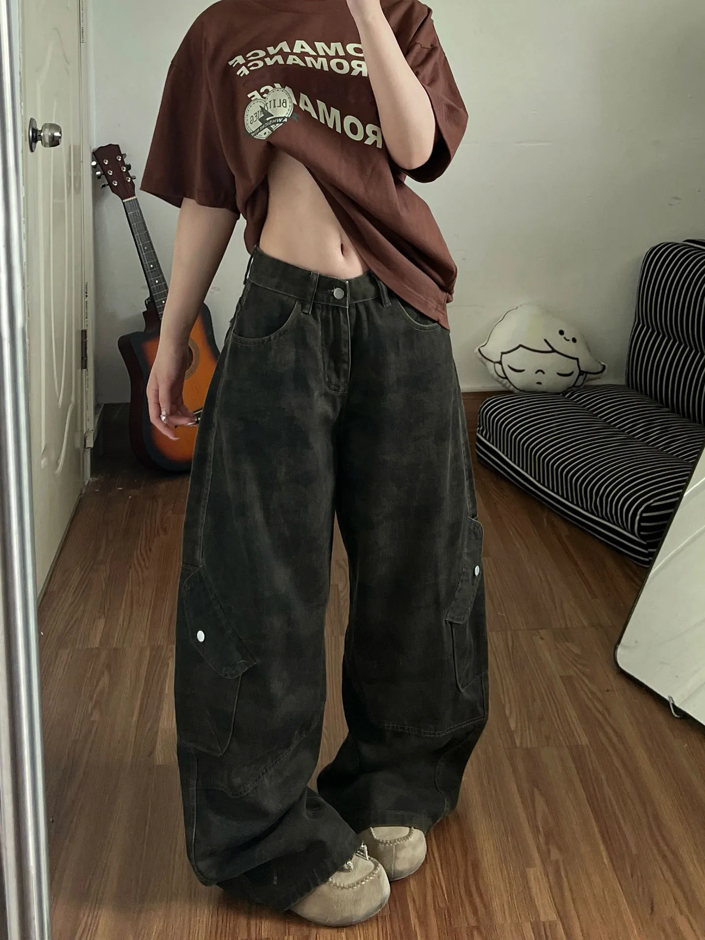 

Retro American Camouflage Workwear Jeans Women's High Waist Wide Leg Pants Spring New Style Casual Comfortable Soft Denim