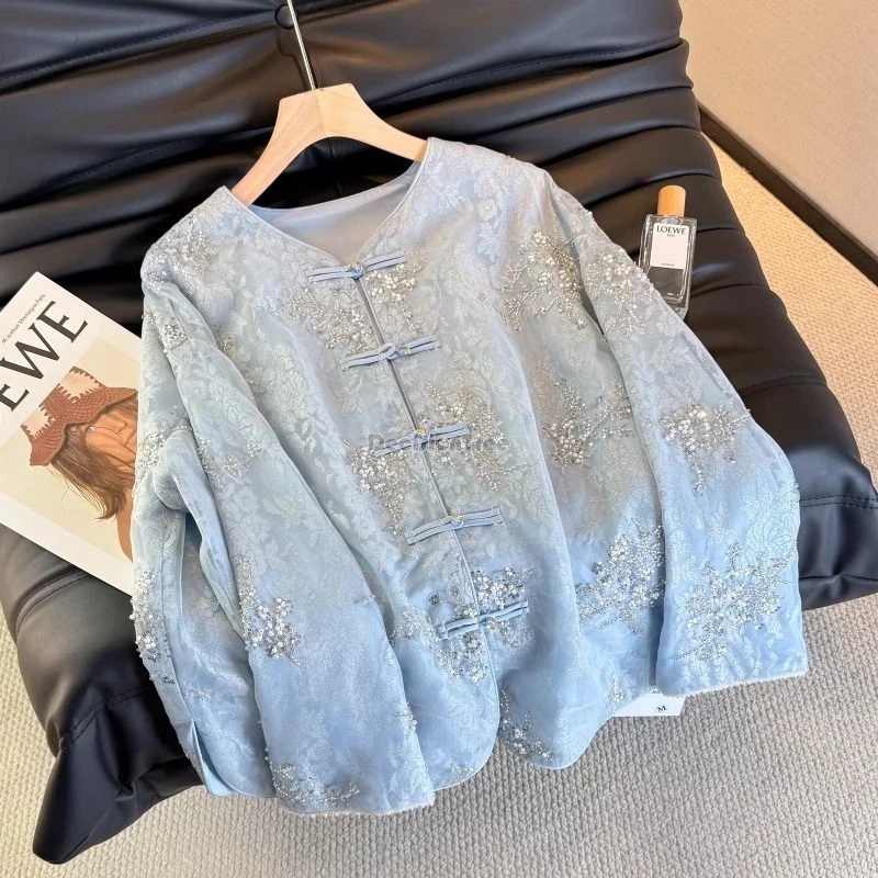 2026年新作中国風刺繍入りショート丈タンスーツコート-レディース-春-ダブルレイヤー伝統長袖チャイナドレス風ボタンブラウス