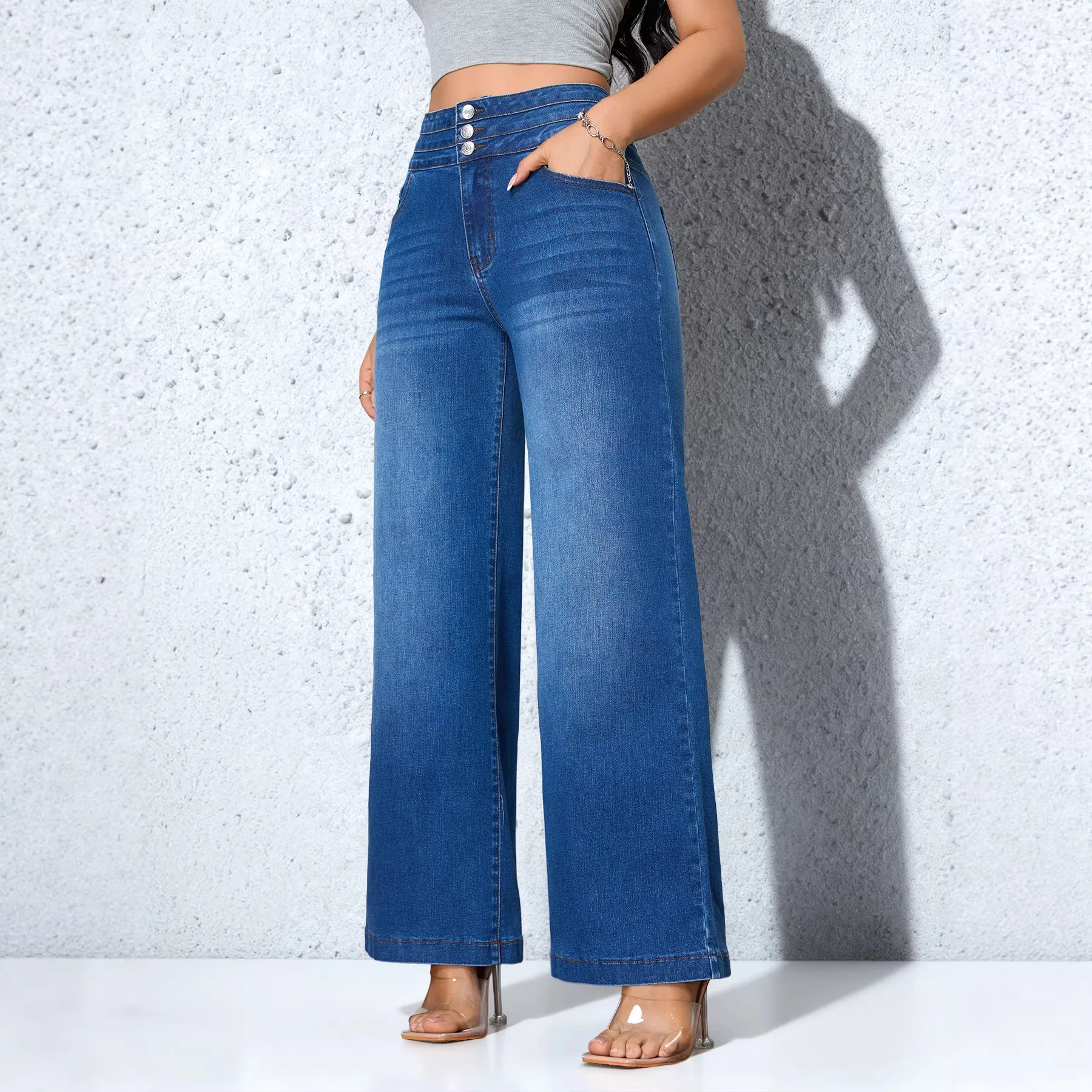 Women's Casual Stretchy Denim Wide Leg Pants Loose Straight Leg Trousers High Waist Slimming Butt Lift Pants