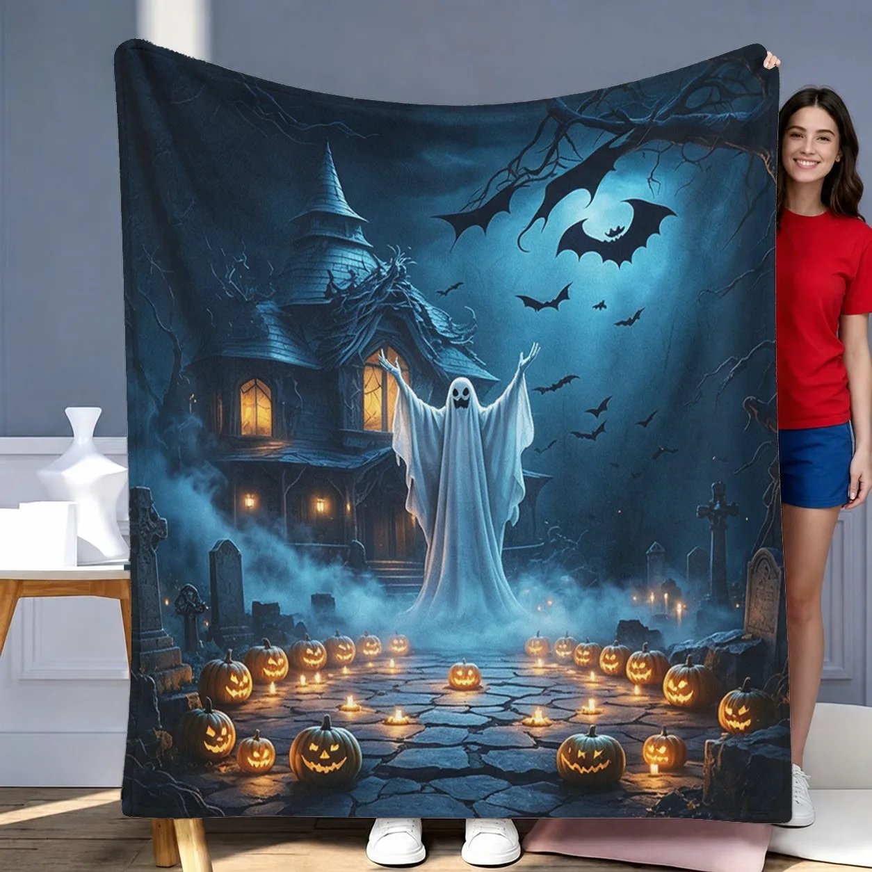 Spooky Ghost Haunted House Tombstone Bat Pumpkin Lantern Night Scene Print Flannel Throw Blanket Soft Warm Blanket