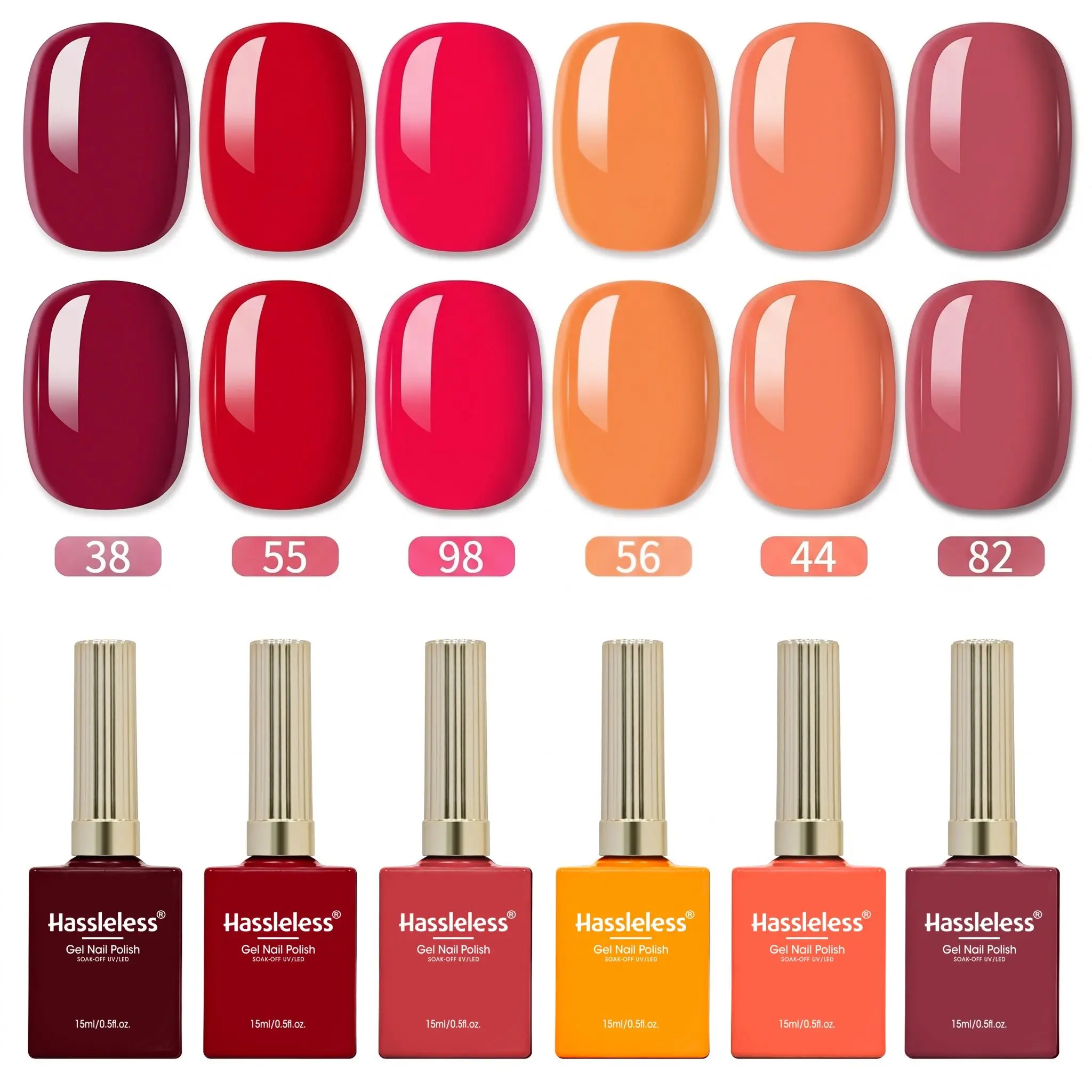 Hassleless 6-Color Nail Gel Set, Salon-Grade/Led-Curing Gel, 6 Bottles/15Ml Glass Bottles, Removable Formula, Long-Lasting, High Shine, Suitable for Daily Wear, Parties, and Holidays, an Ideal Gift for Women and Nail E