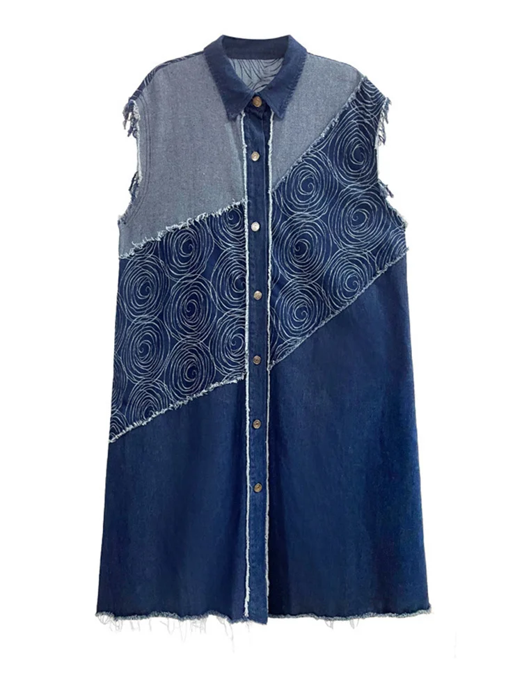 [EAM] Donna Loose Fit Blu Denim Modello di Grandi Dimensioni Gilet Lungo Nuovo Risvolto Senza Maniche Moda Marea Primavera Autunno 2024 1DF1197