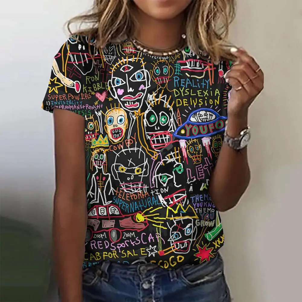 Graffiti Kleurblok 3D Print T-shirts Vrouwen Casual Korte Mouw Ronde Hals T-shirt Zomer Harajuku Top Y2k Tees Vrouwelijke kleding