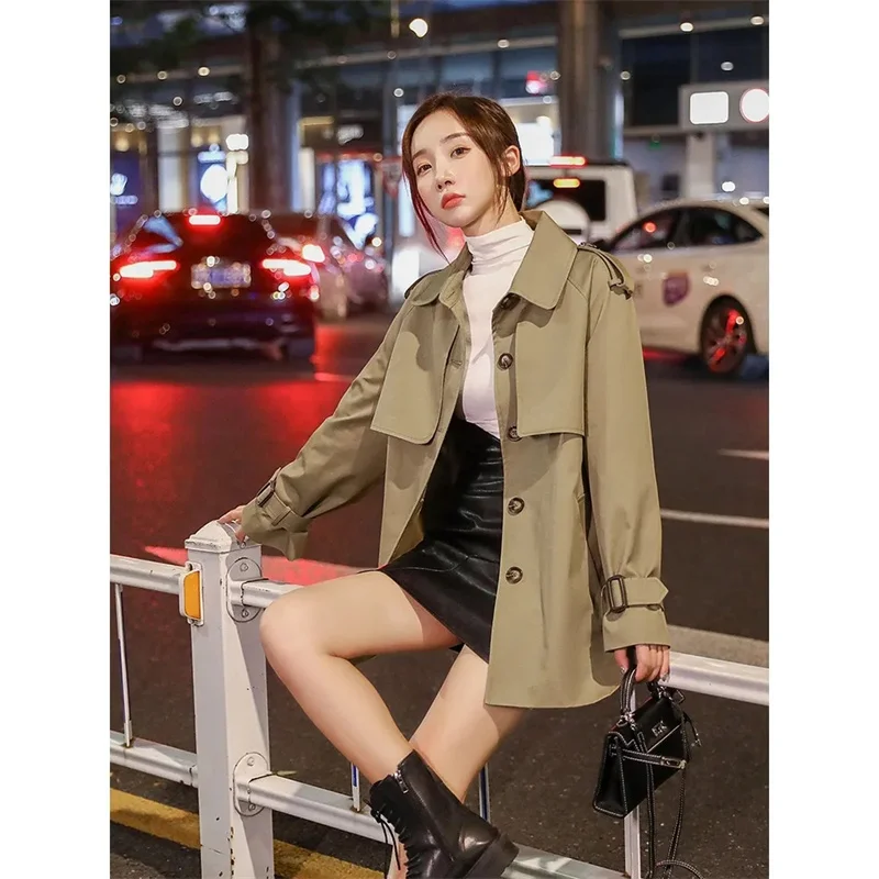 2024 Spring Autumn Trench Coat For Women Streetwear Turn-down Collar Double Breasted Overcoat Female Medium And Long Windbreaker image 4