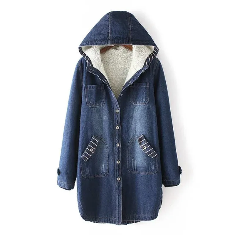 

Nice Autumn Winter Denim Jacket for Women Hooded Velvet Thick Jeans Jacket Female Windbreaker Long Coat Student Outerwear P716