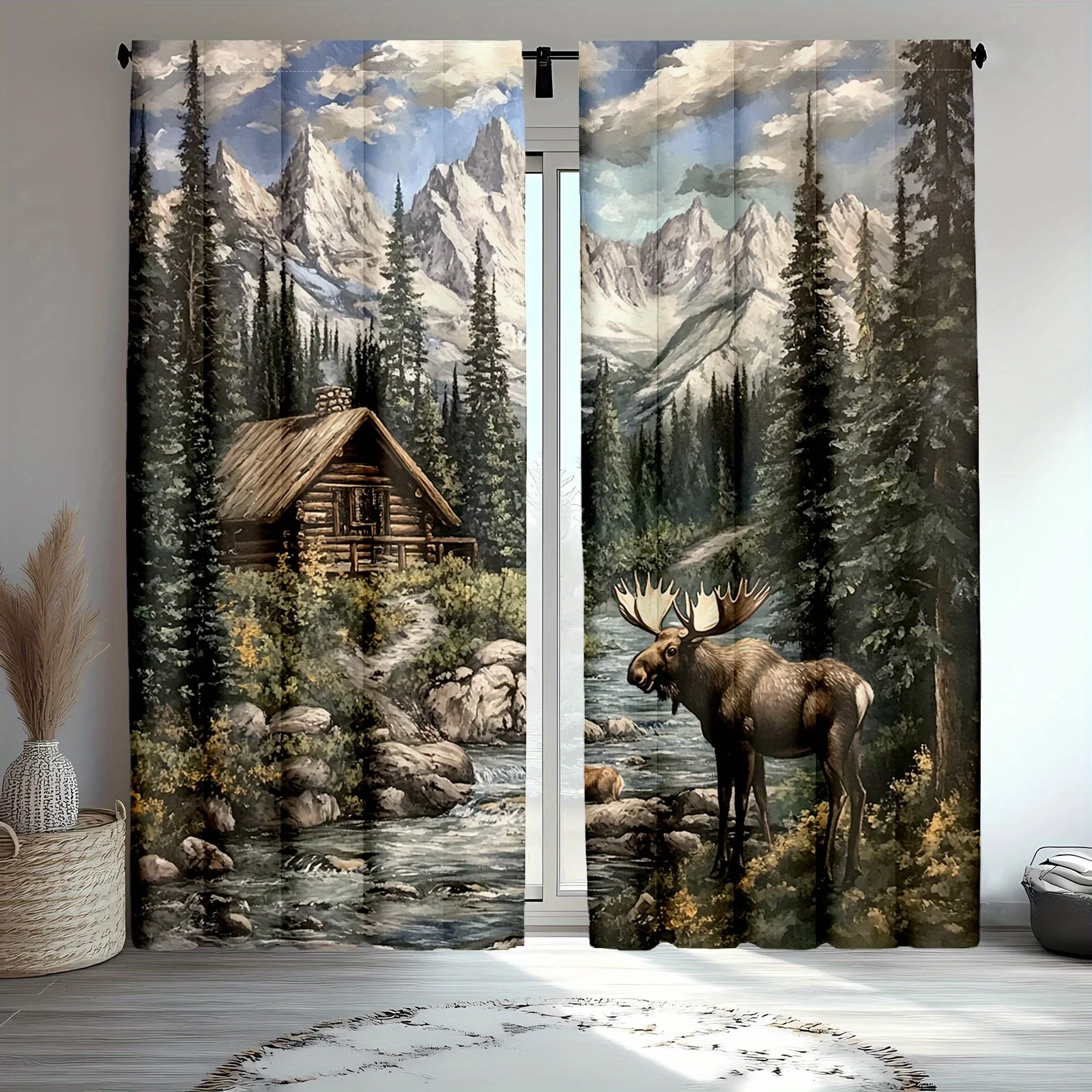 Nature Forest Curtains Wild Mountain Alpine Deer Scene Rustic Wilderness Home Decor Window Curtain Panels Large Print Tapestry