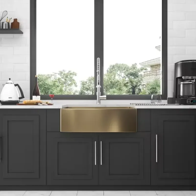 Modern Gold Kitchen Sink Set Single Bowl with Drain Board 36x21 Inch, Apron Front Modern 304 Stainless Steel Farmhouse
