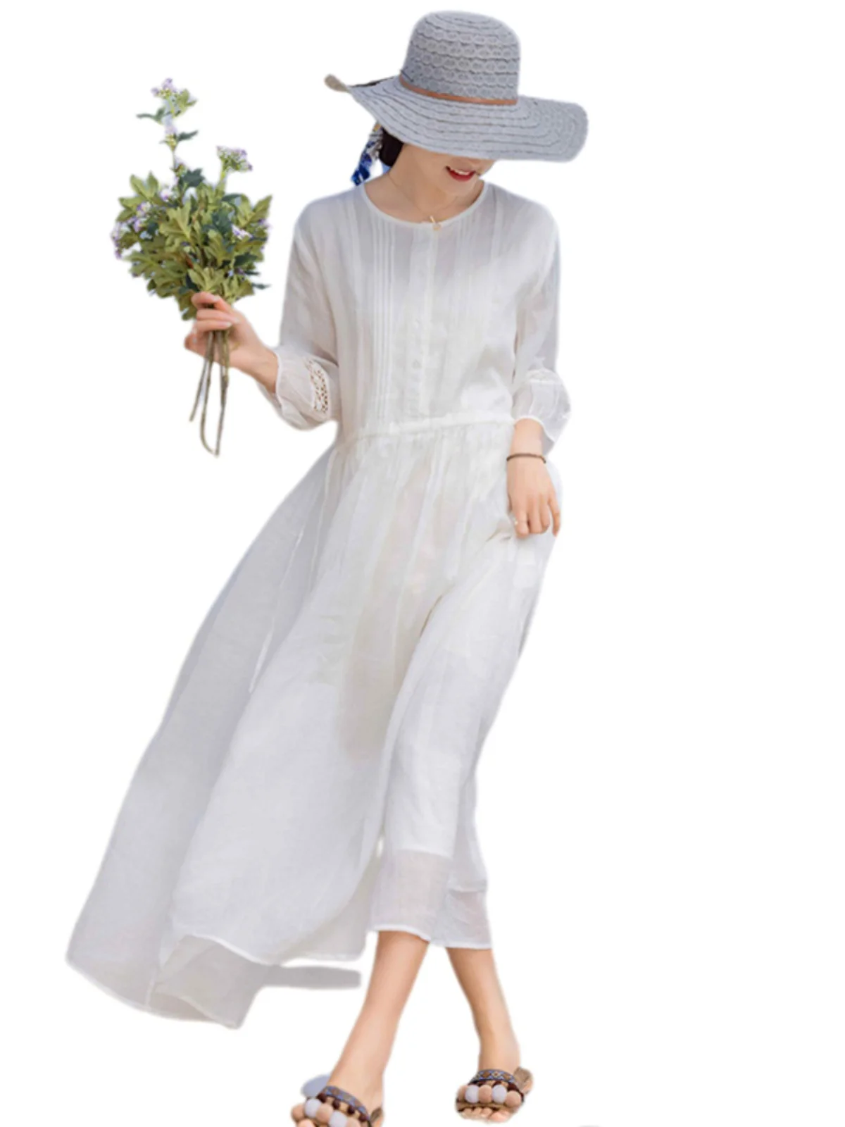 Branco algodão linho dupla camada solta verão dr feminino praia vaion floa saia longa praia dr ele sensação