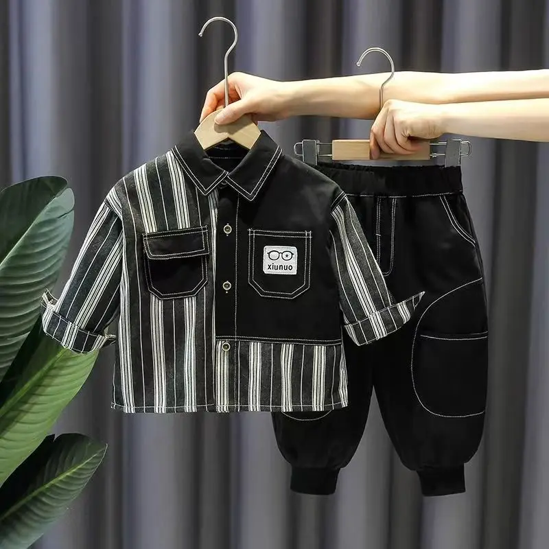 

Boys' Spring and Autumn Clothing Set 2024 New Children's Fashion Shirt and Pants 2-Piece Set Baby Stripe Top Set 2-7Y