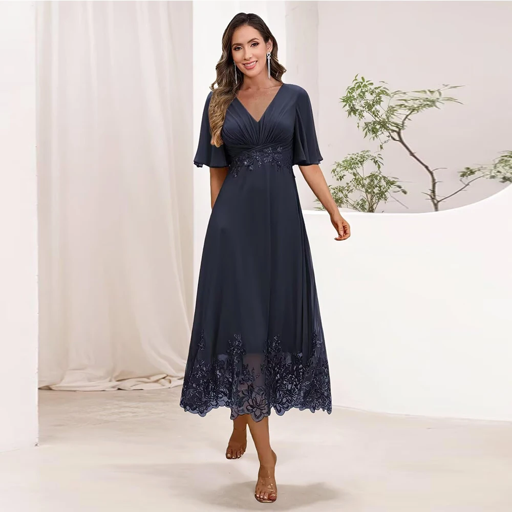 

Customized Elegant Tea Length V Neck Mother of The Bride Dresses with Sleeves for Women Lace Applique Formal Evening Gowns 2025