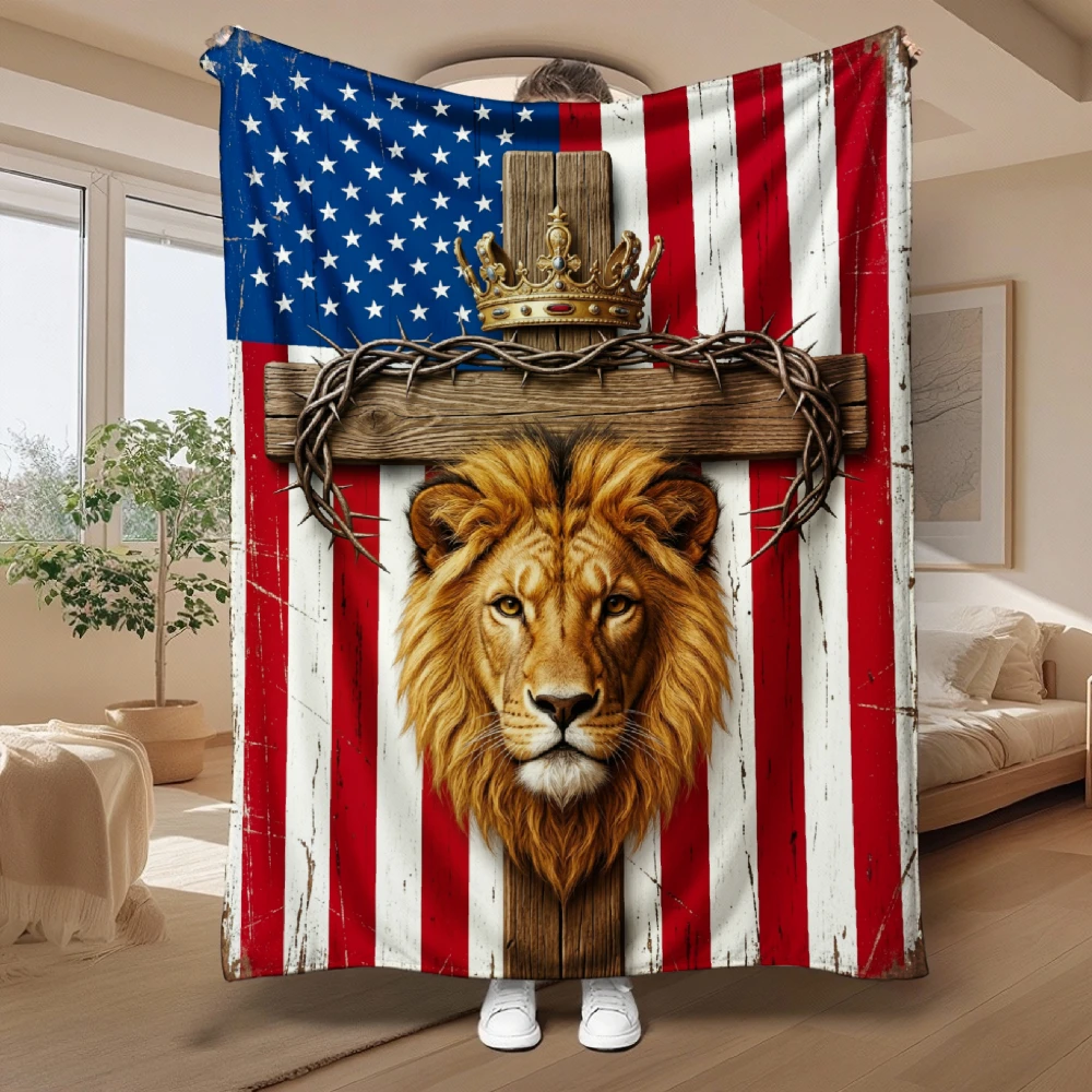 1pc American Flag Lion Crown Cross Print Flannel Blanket Soft Comfortable Warm Bed Cover Autumn Winter Season Living Room Bedroom Halloween Thanksgiving Christmas Festival Gift