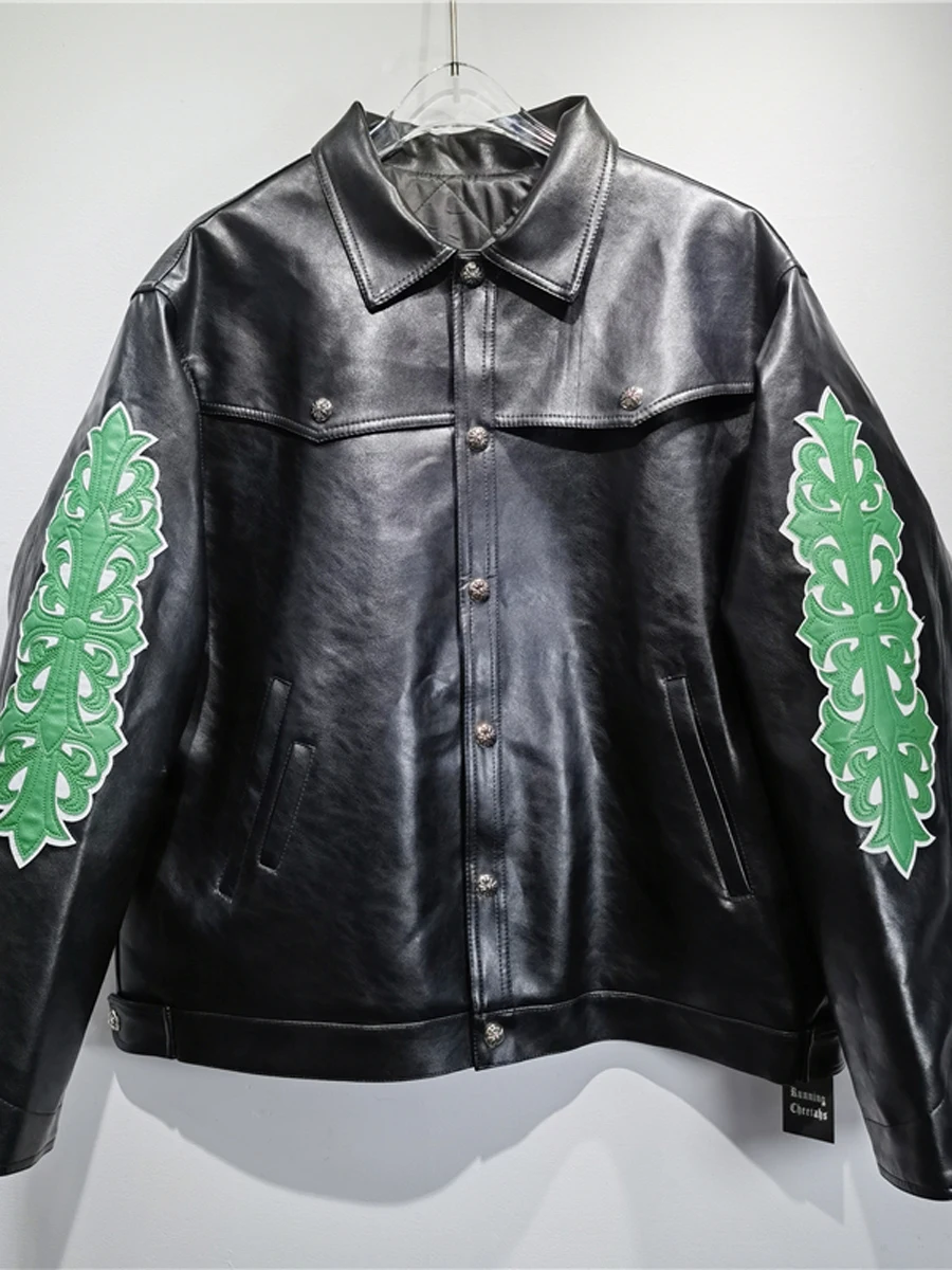 

Осенне-зимняя кожаная джинсовая куртка с цветочным принтом и хлопковой подкладкой, модная универсальная куртка с длинными рукавами и отложным воротником