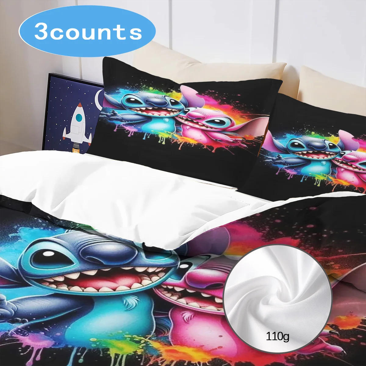 3pcs Lilo And Stitch 100% Polyester Bedding Set,	110g Thick Fabric Stitch Duvet Cover Set Without Filling, For Children