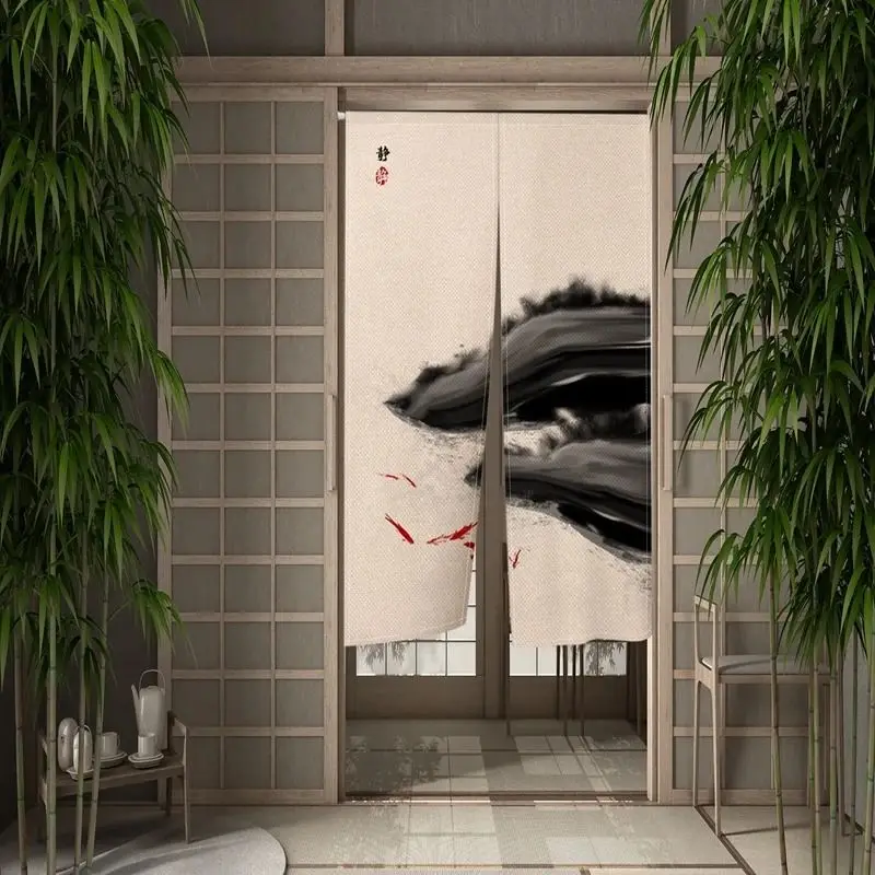 VIKAMA Zen Ink Painting Door Curtain, Japanese Sumi-e Fish Print, Half-Curtain Privacy Divider for Study Room Tea Room Decor