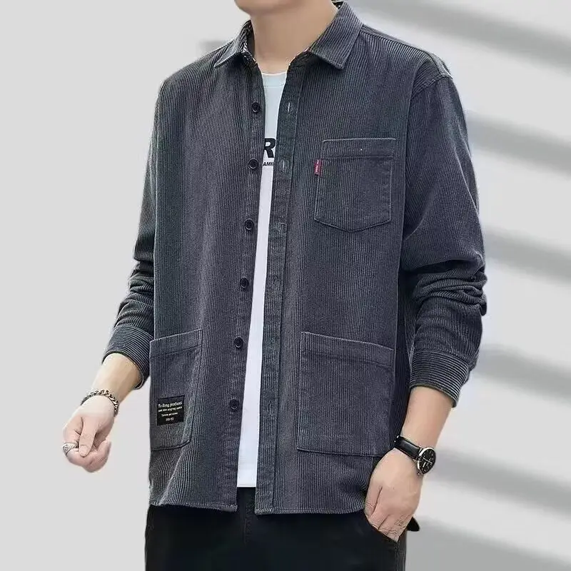 

Retro Hong Kong Style Men's Shirt Loose Fit Autumn Wear Student Casual Design Outerwear Long Sleeve Standard Edition Pure Color