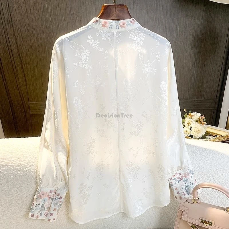 2024 new chinese style white embroidery vintage shirt women spring new zen plate buckle tang suit hanfu long sleeve top w264