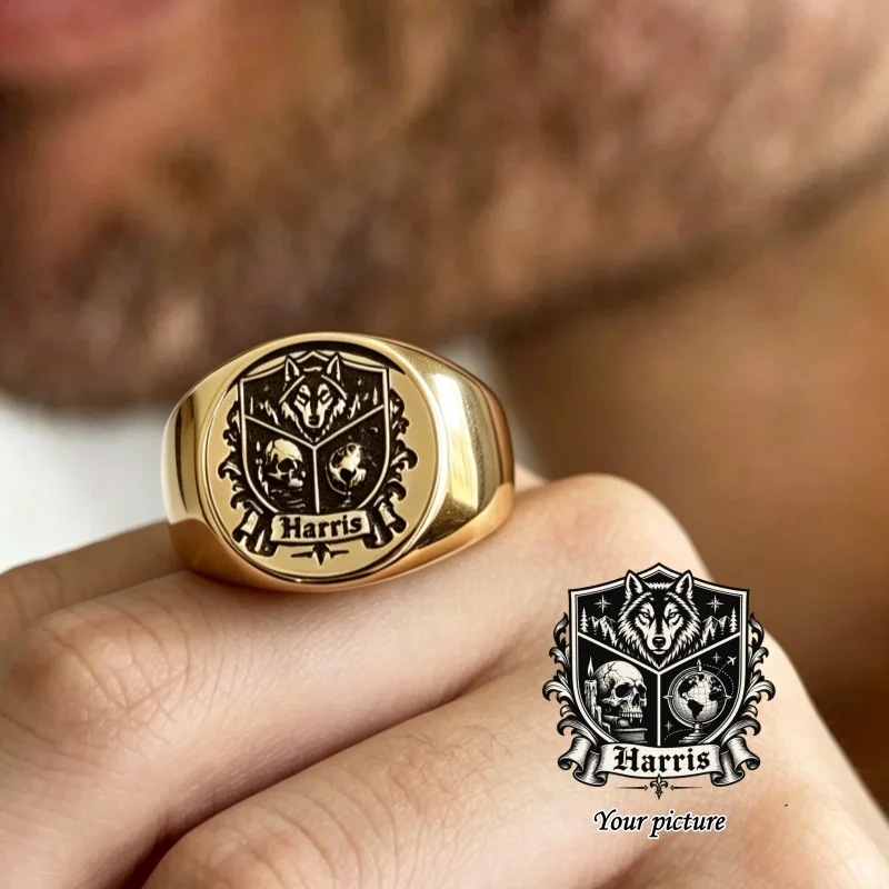 Anillo con sello personalizado con foto, diseño moderno, grabado 2D, logotipo, emblema, anillos de acero inoxidable, joyería personalizada para hombre, regalo.
