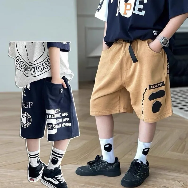 

2025 Summer New Japanese - Style Trendy Kids' Letter Print Loose Casual Cotton Shorts for Big Boys (5 - Point)
