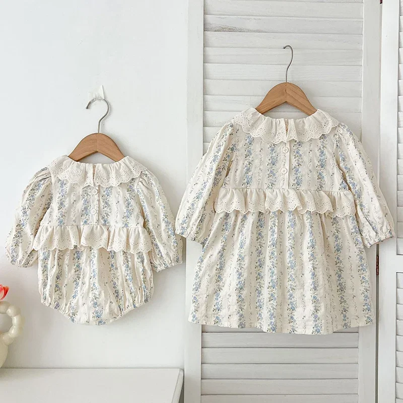 0-24M Baby Girl Floral Jumpsuit Lace Princess Romper Lapel Vintage Style Newborn Kids Casual Jumpsuit Full Sleeve Baby Jumpsuit