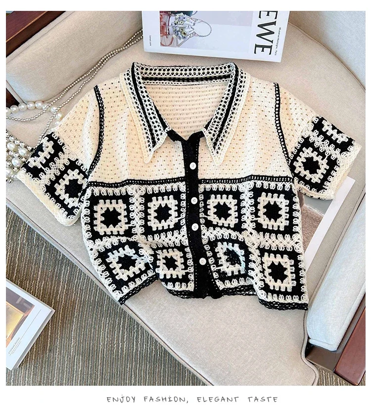 الأزهار الكروشيه سترة أعلى الياقات زر متابعة قصيرة الأكمام شير المحاصيل متماسكة سترة علوية للنساء Teengirl Fairycore خمر الزي