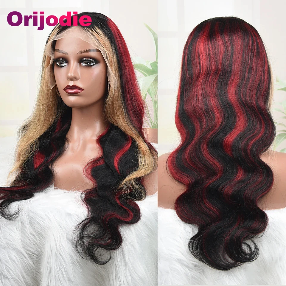 Highlight Red with Blonde Stripe Body Wave Human Hair Wigs Transparent 13x4 Lace Frontal Remy Hair Wig Brazilian Hair 180density