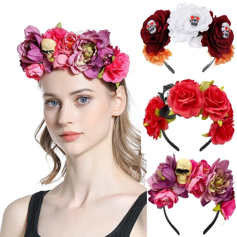 Dia das bruxas rosa vermelha flanela faixa de cabelo, hairhoop, cosplay festa traje, flores coroa, headband, festival cabelo guirlanda, casamento