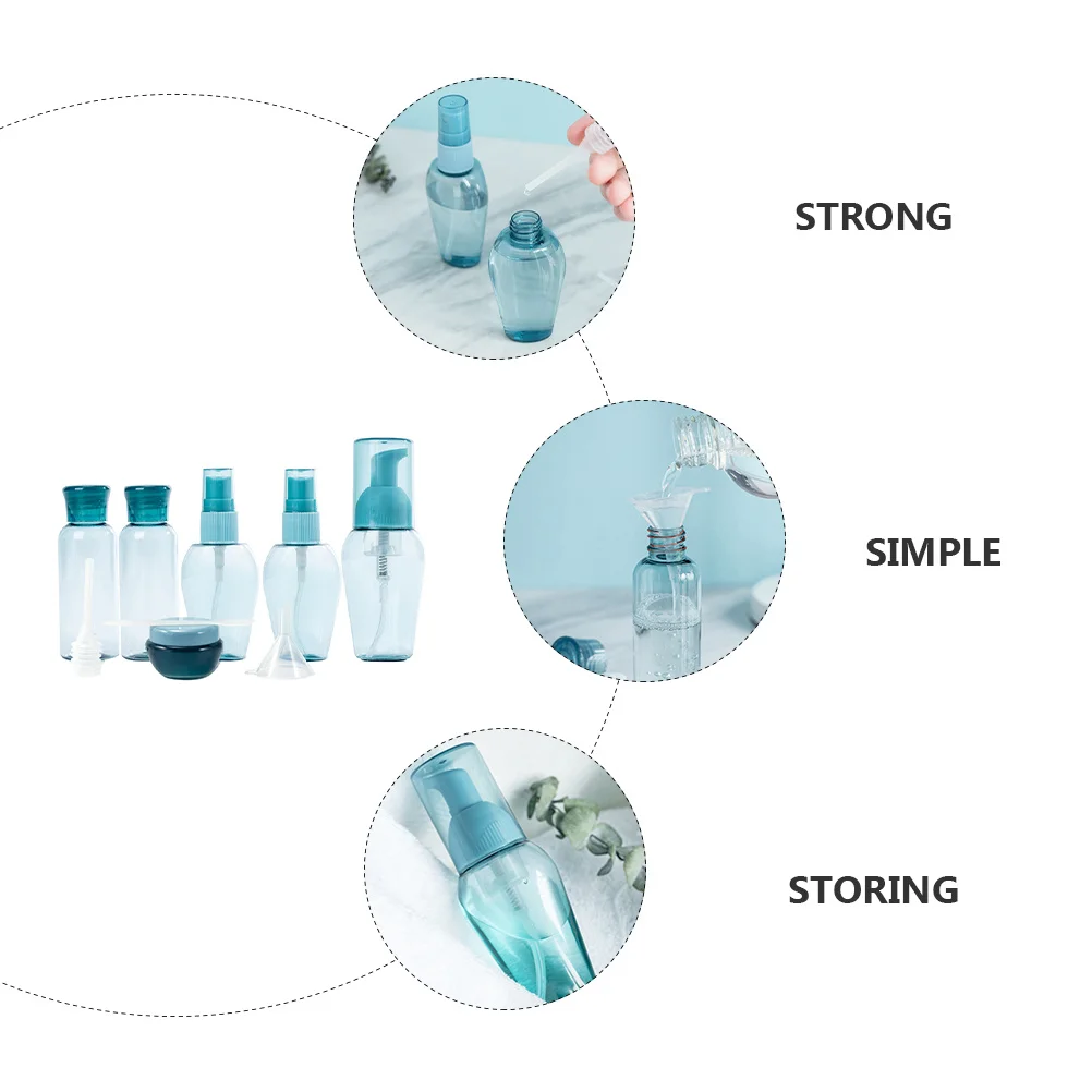 مجموعة واحدة من زجاجات السفر مكونة من 9 أحجام زجاجات محمولة لحاويات تخزين جل الاستحمام والزيت العطري القابلة لإعادة الملء