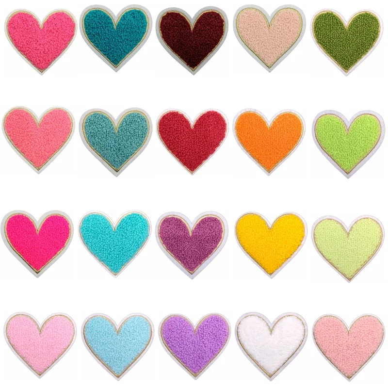 24Pcs/Set 3D Chenille Heart Shape Iron-On Patches DIY Embroidered Appliques for Hats, Bags, Shoes, Jeans & Clothing Decor
