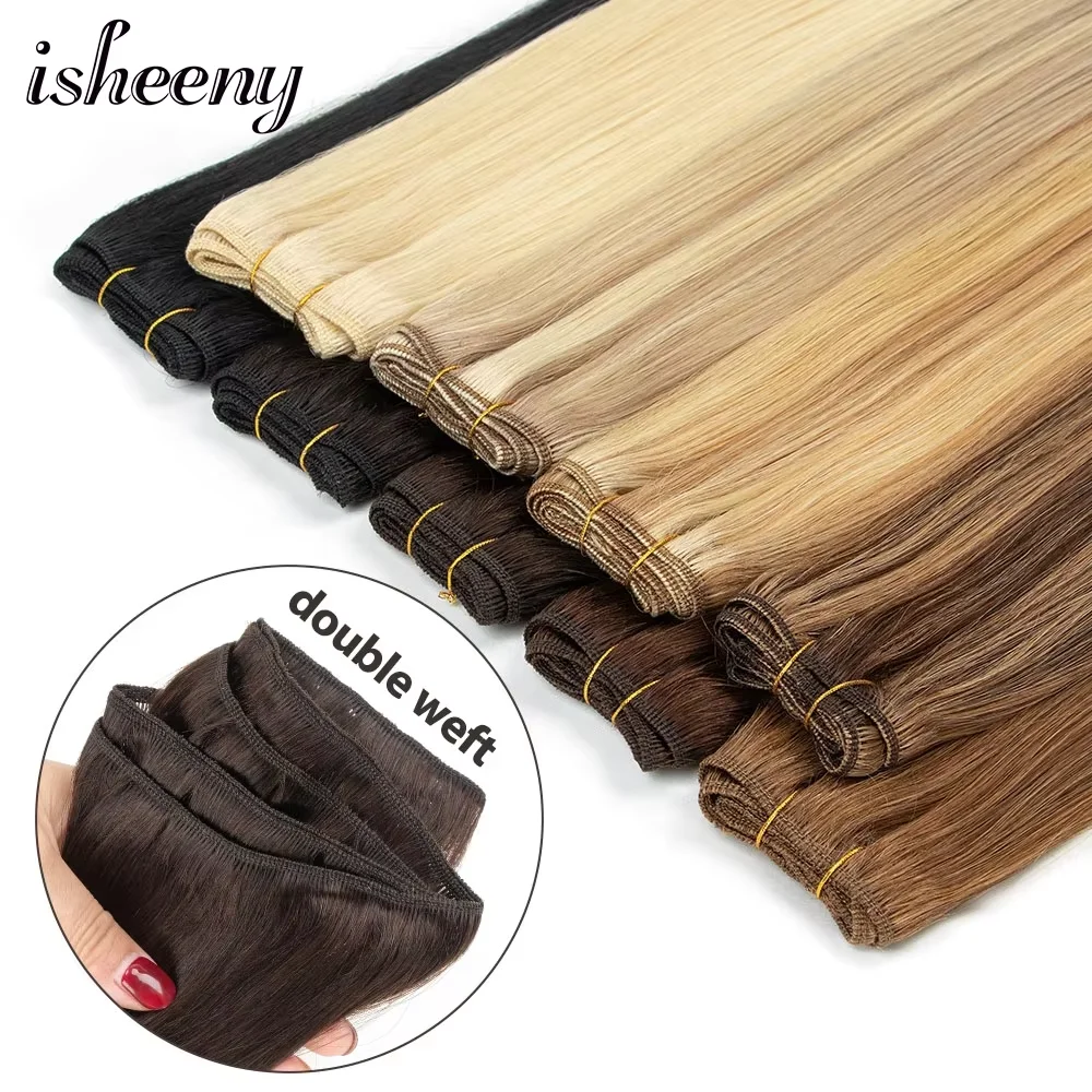 Straight Human Hair Weaves Brazilian Remy Human Hair Bundles Sew In Weft Extensions Straight Blonde 50g 12