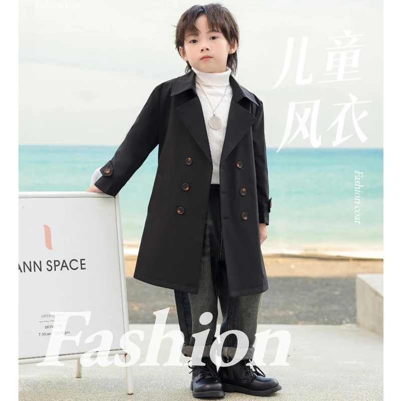 Autumn Spring New Boys Jacket Long Style Solid Color Double-Breasted Lapel Trench Coat For 3-10Y Teen Kids Handsome Outerwear