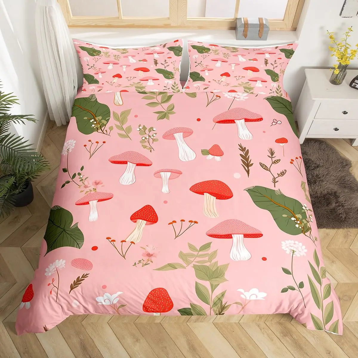 Lovely Pink Mushrooms Duvet Cover King Queen Size Cartoon Flower Floral Bedding Set for Kids Girls Cute Fungus Comforter Cover