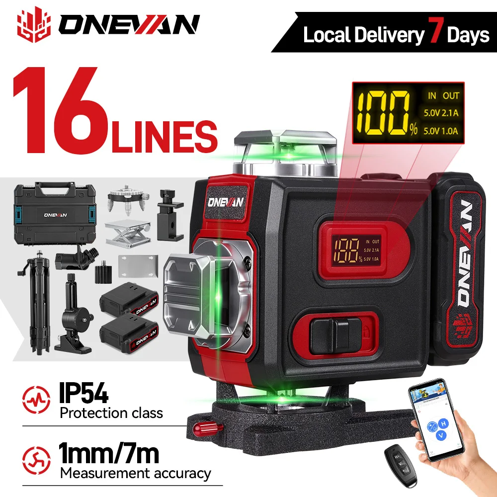 Image of ONEVAN 16-Linien 4D Laser-Nivelliergerät Selbstnivellierend 360° Horizontal und Vertikal Kreuz Superstarkes Grünes Laser-Nivelliergerät mit Stativ