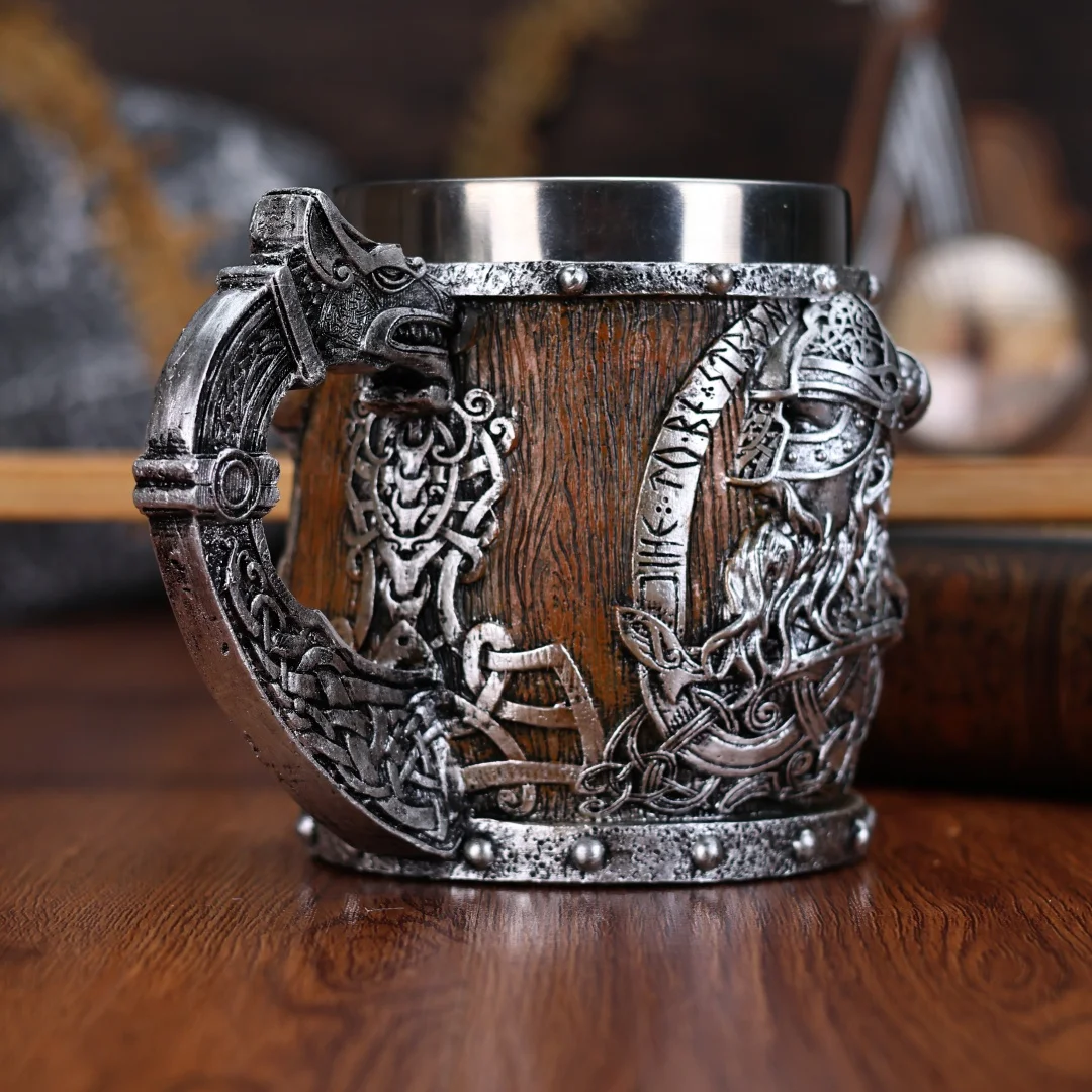 Valhalla Viking Stainless Steel Nordic Viking Barrel Dragon Boat Warrior Horn Skull Beer Mug Tankard Stein Cup 400 ml - view 5
