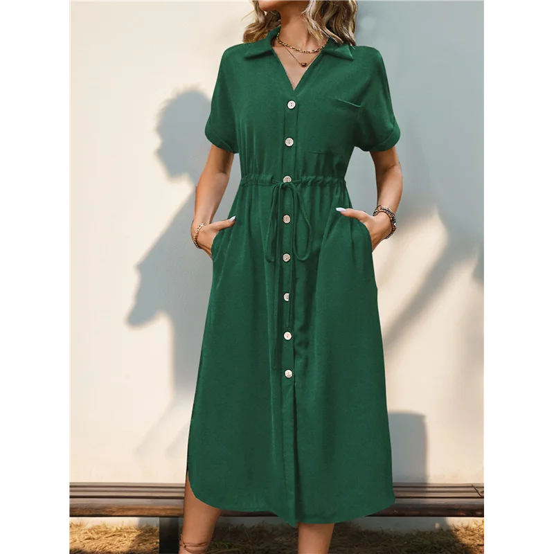 NEUE-Frauen Einfarbig Kleid Sommer Casual Kurzarm Taste V-ausschnitt Kleider Lange Strand Hemd Kleid Mit Taschen