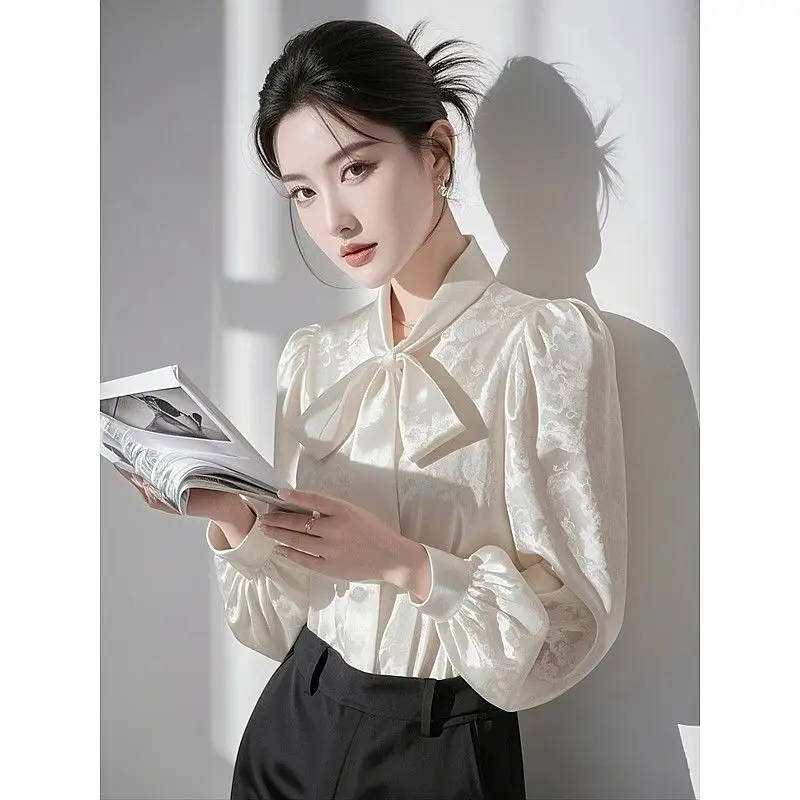 White Bow Shirt Women's Long Sleeve 2025 Autumn New Style Loose Top Button Cardigan