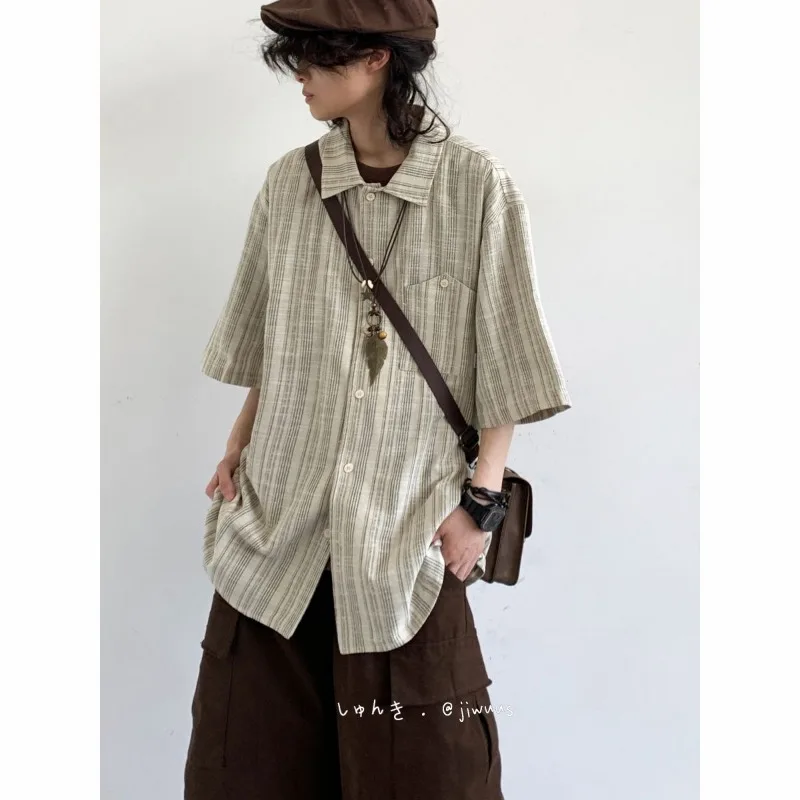 

Oversized Striped Linen Blend Shirts For Men Japanese Style Loose Fit Half Sleeve Casual Button Down Shirt With Pocket