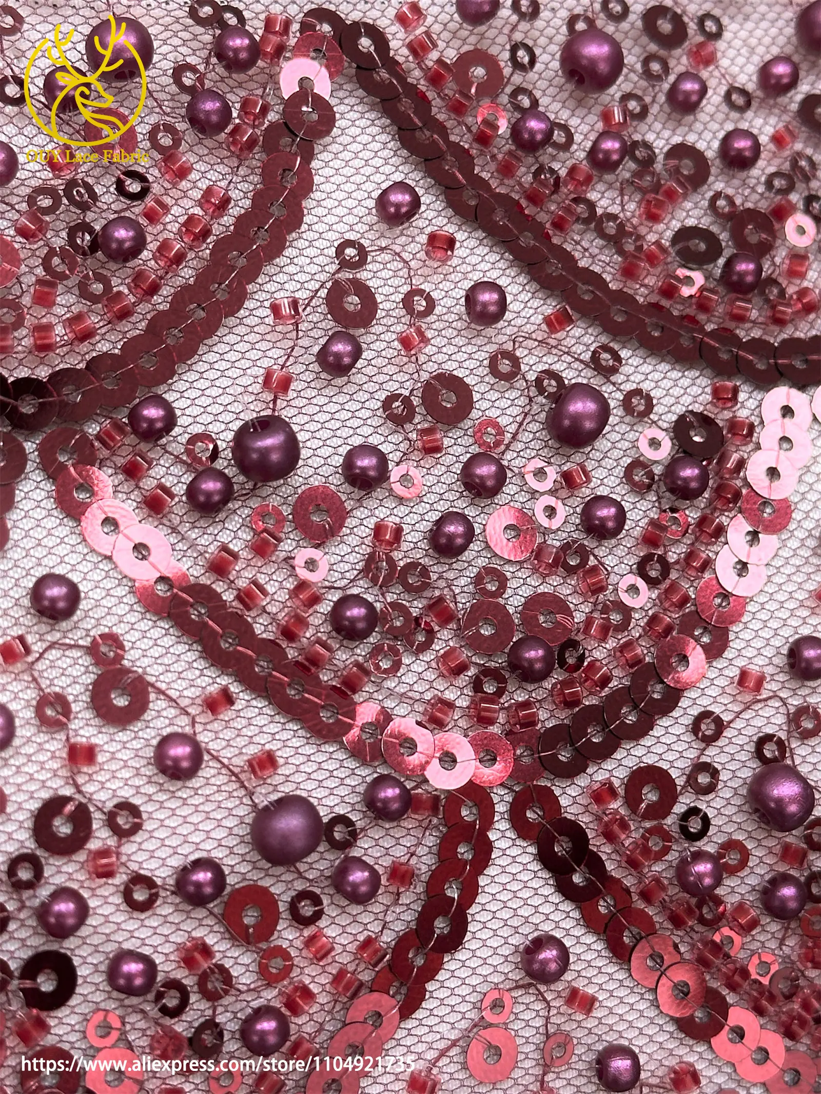 Burgunderroter afrikanischer Perlenstickerei-Mesh-Spitzenstoff, eleganter nigerianischer französischer Pailletten-Tüll-Spitzenstoff für Frauen, Partykleider – Detail 8