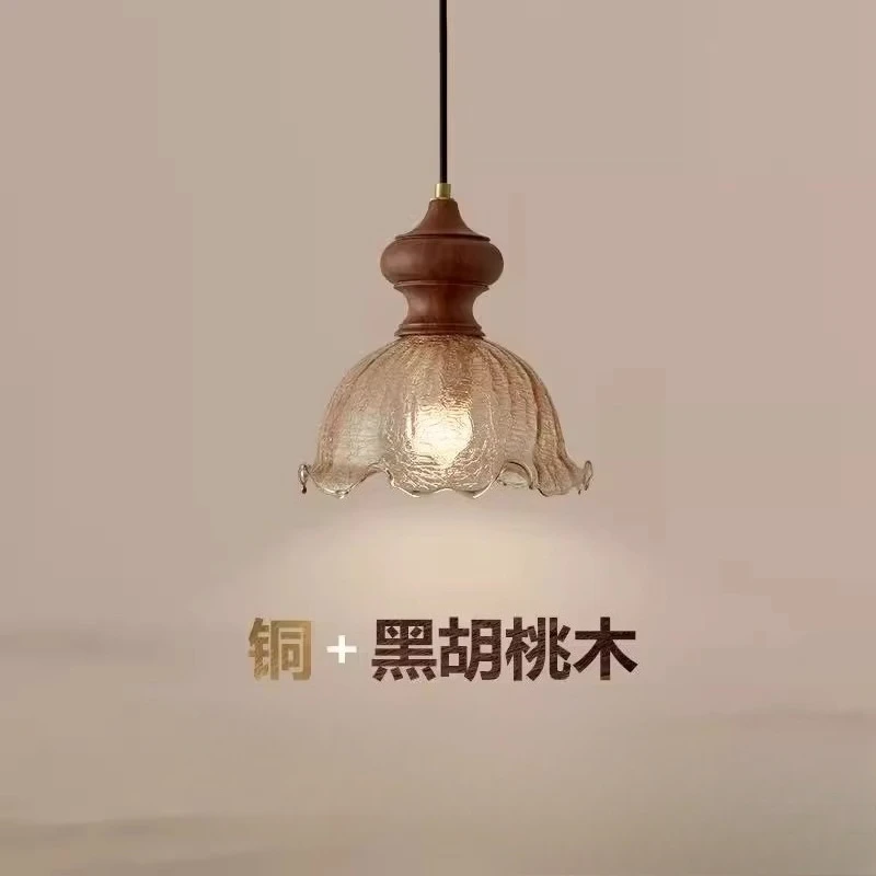 American Retro LED Pendant Lights Ice Crack Glass Wooden Ceiling Hanging Lamps Bedside Restaurant Bar Counter Home Decor Fixture